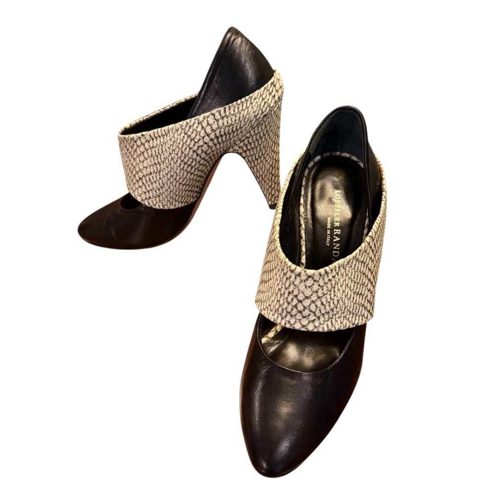 Loeffler Randall Black Leather Cream Snakeskin Colorblock 3.75”Heels Size 7 $428